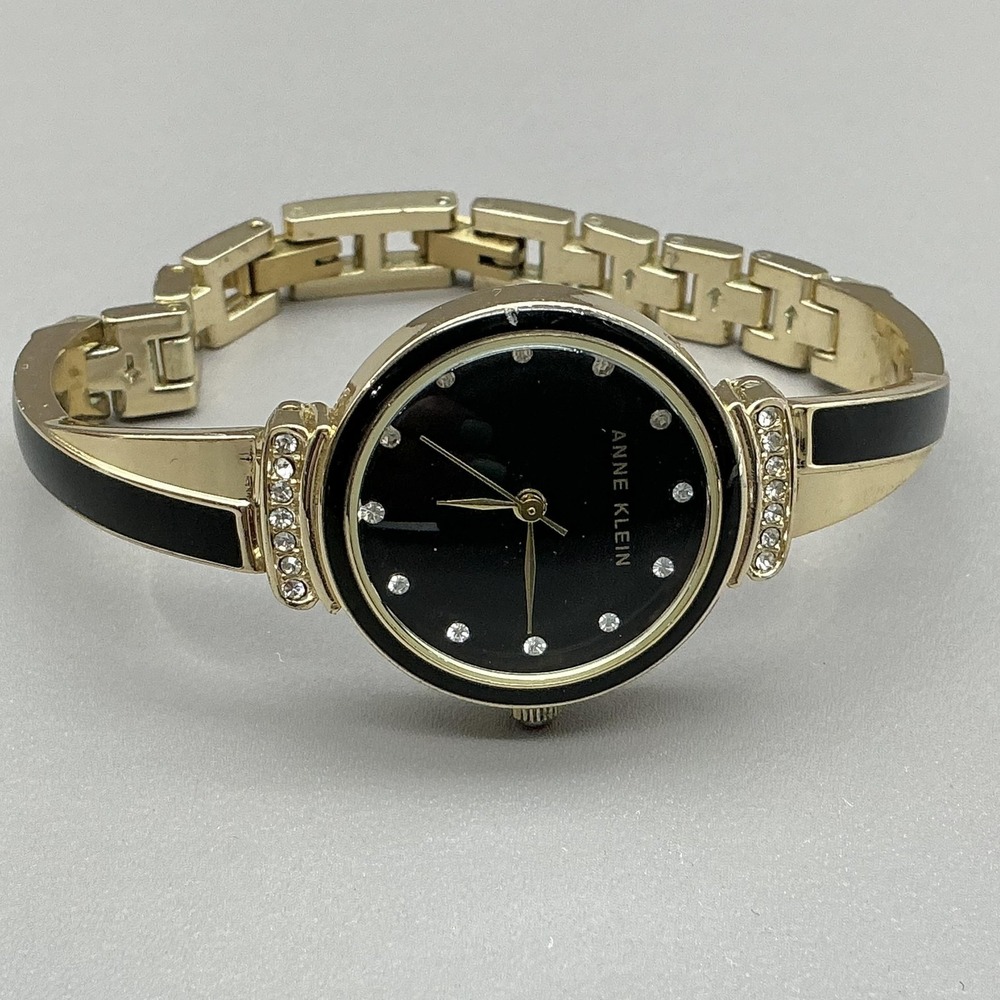 Anne Klein Womens Watch Gold‎ Tone Black Dial Crystal Bangle Bracelet Quartz